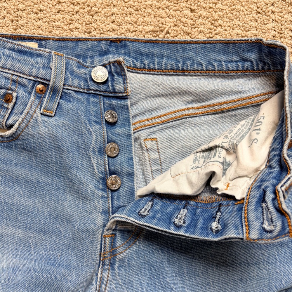 Levis 501 Original Fit High Rise Straight Leg Blue Distressed Jeans - Picture 7 of 11